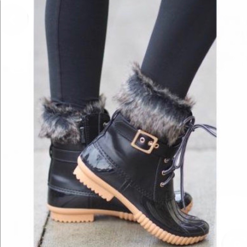 Black Furry Cuff Duck Rain Boots - Picture 2 of 8